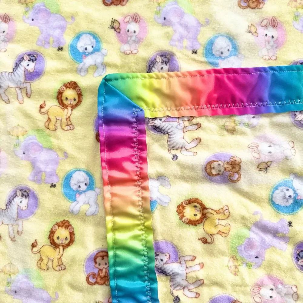 Vintage Handmade Precious Moments Animal Fleece Tie Dye Satin Trim Baby Blanket